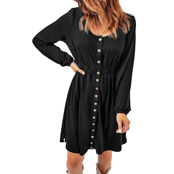 Black Button Up High Waist Long Sleeve Dress New Sizes S, M. L, XL, 2XL - Picture 1 of 12
